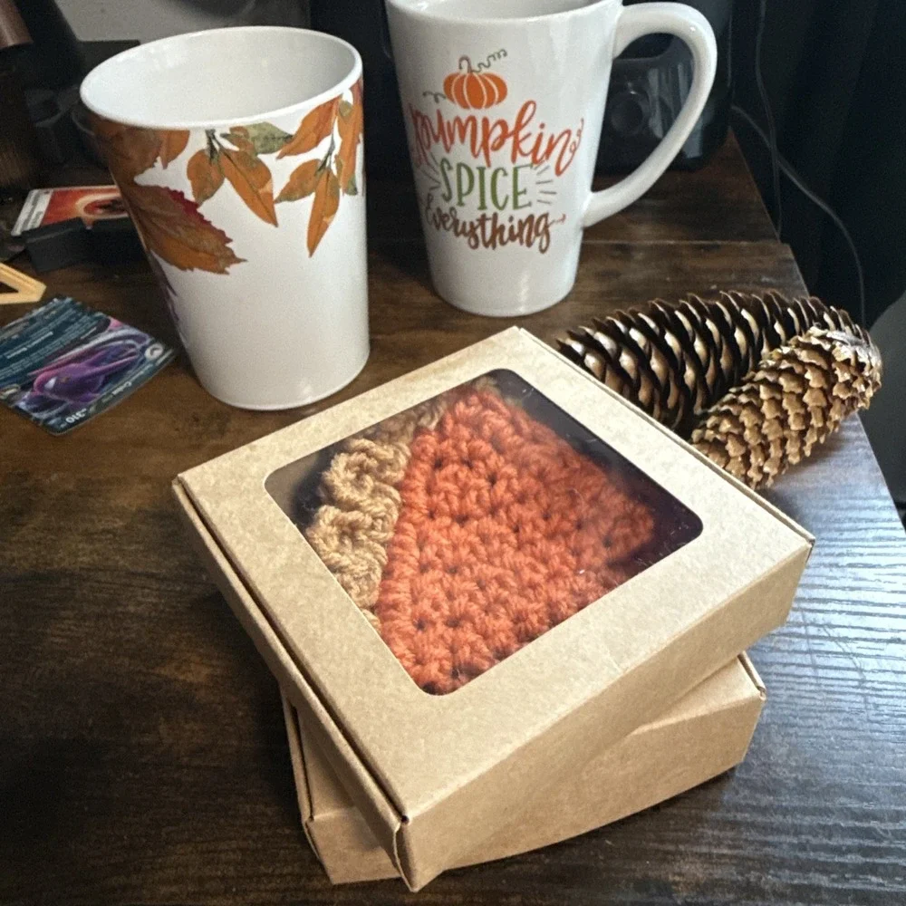 Handmade Crochet Pumpkin Pie Slice Coasters Set of 6 Fall Thanksgiving Gift